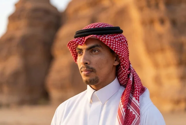 رجل سعودي بالشماغ التقليدي في الصحراء وقت الغروب