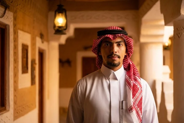 رجل سعودي بالزي التقليدي داخل مبنى تراثي قديم