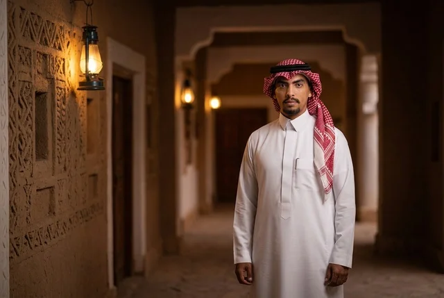 رجل سعودي بالثوب التراثي في ممر طيني قديم بالدرعية