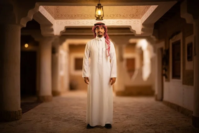 رجل سعودي بالزي التقليدي يقف في ممر طيني تراثي تاريخي