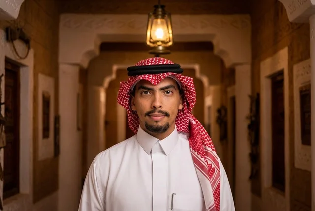 رجل سعودي بالزي التقليدي داخل ممر تراثي تاريخي
