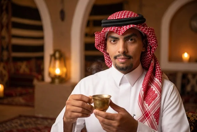 رجل سعودي بالزي التقليدي يشرب القهوة العربية