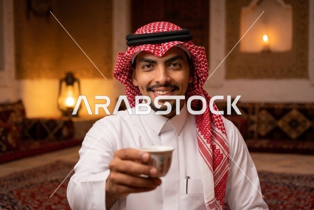 رجل سعودي مبتسم يقدم القهوة العربية في مجلس تراثي دافئ