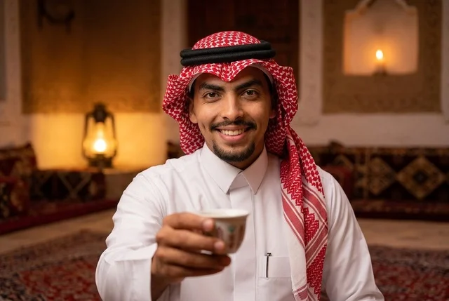 رجل سعودي مبتسم يقدم القهوة العربية في مجلس تراثي دافئ