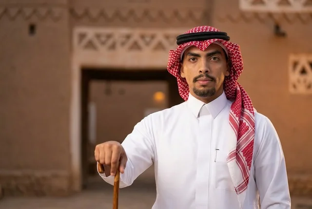 رجل سعودي بالزي التقليدي أمام مبنى تراثي طيني