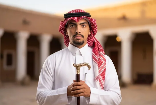 رجل سعودي بالزي الشعبي التقليدي يمسك عصا خشبية تراثية