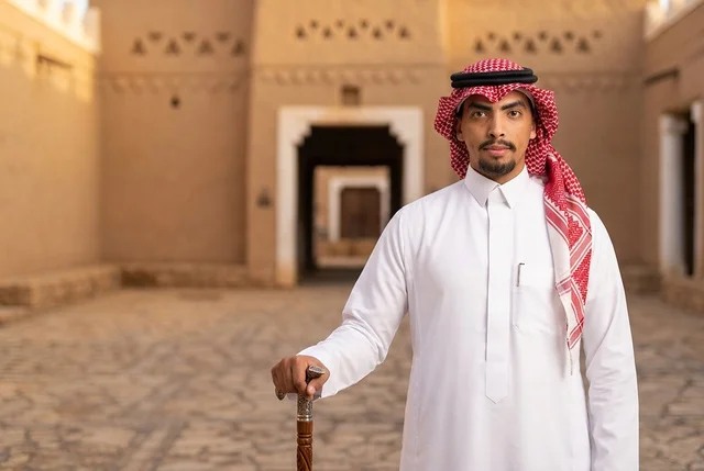 رجل سعودي بالثوب والشماغ في قرية تراثية تاريخية