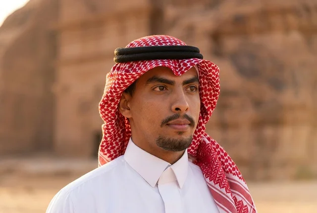 Saudi Man in Traditional Shemagh in Al-Ula Desert