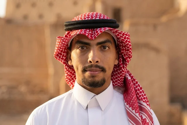 رجل سعودي بالزي التقليدي في موقع تراثي