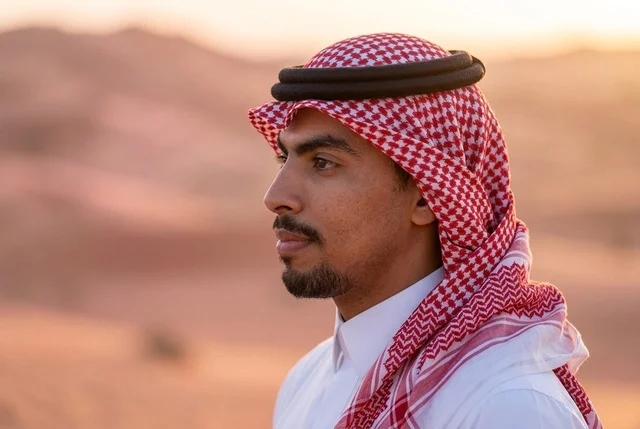 Saudi Man in Traditional Dress in Desert at Sunset