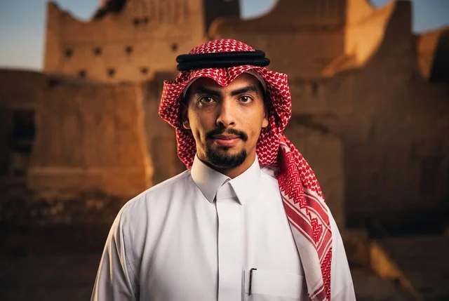 رجل سعودي يرتدي الزي التقليدي أمام مبنى تراثي طيني