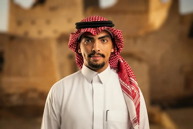 رجل سعودي بالزي التقليدي أمام مباني طينية تراثية