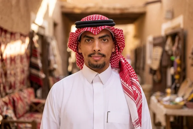 بورتريه رجل سعودي بالزي التقليدي في قرية تراثية قديمة