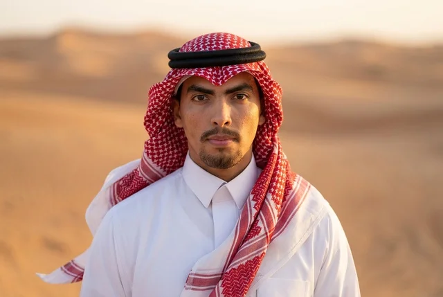 رجل عربي بالثوب التقليدي في الصحراء وقت الغروب