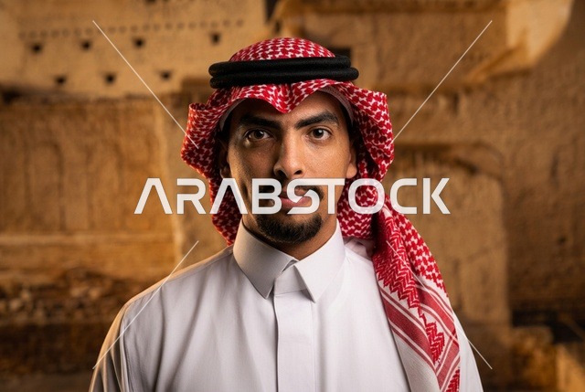بورتريه لشاب سعودي بالثوب والشماغ في موقع تاريخي