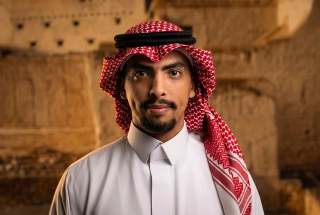 بورتريه لشاب سعودي بالثوب والشماغ في موقع تاريخي