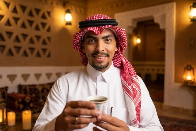 رجل سعودي بالزي التقليدي يحمل فنجان قهوة عربية تراثية