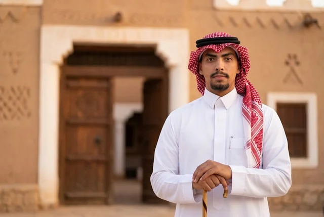 رجل سعودي بالزي التقليدي أمام مبنى طيني تراثي قديم