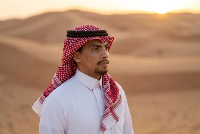 Arab Man in Traditional Thobe in Desert at Sunset