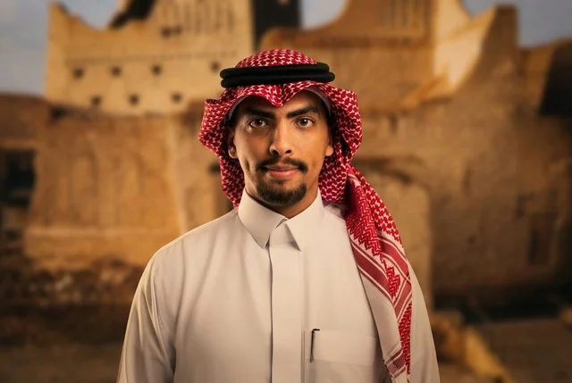 بورتريه لشاب سعودي بالزي التقليدي في موقع تراثي تاريخي