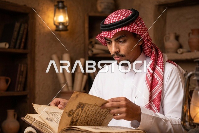 رجل سعودي يرتدي الشماغ يقرأ مخطوطة قديمة في مكتبة تراثية