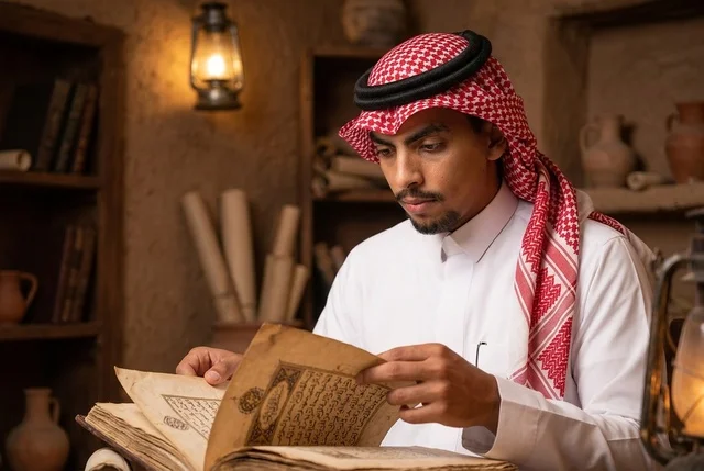 رجل سعودي يرتدي الشماغ يقرأ مخطوطة قديمة في مكتبة تراثية