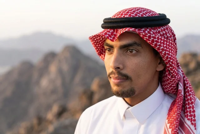 Saudi Man in Traditional Attire on Mountain Backdrop
