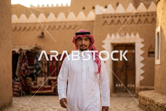 رجل سعودي يسير في قرية تراثية طينية