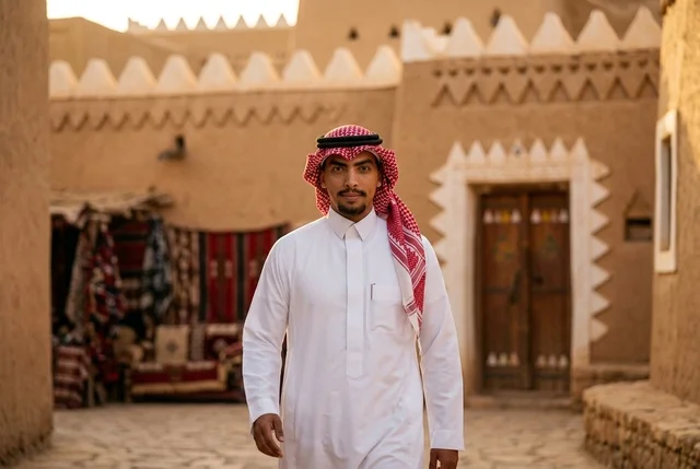 رجل سعودي يسير في قرية تراثية طينية