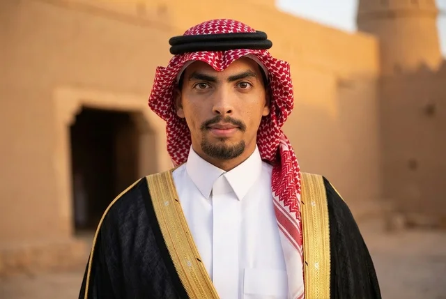 رجل سعودي بالزي التقليدي والبشت في لقطة بورتريه