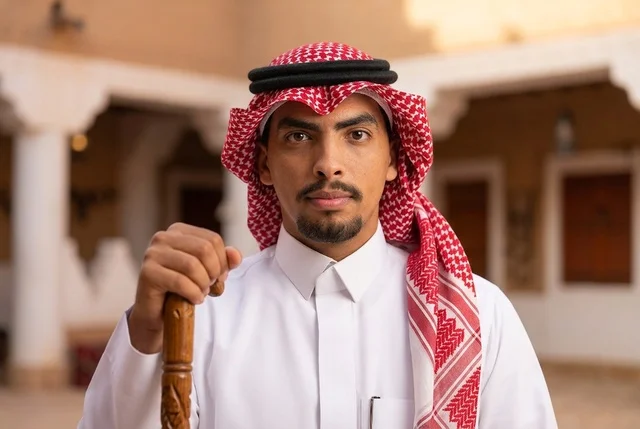 رجل سعودي بالزي التقليدي يمسك عصا خشبية