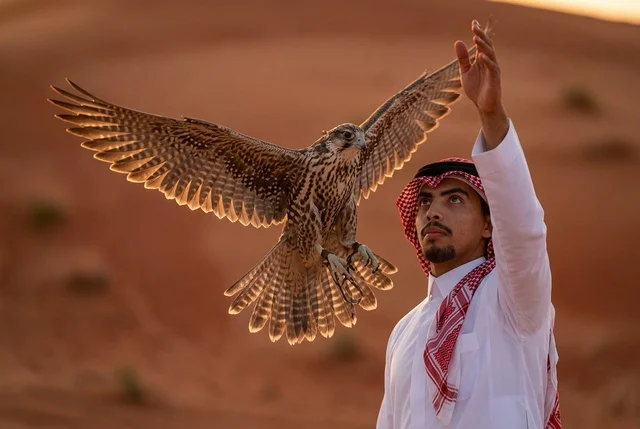صقار سعودي يطلق صقره في الصحراء وقت الغروب