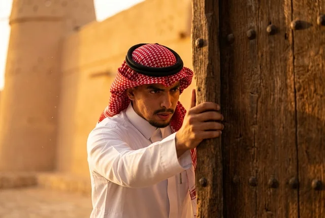 رجل سعودي بالزي التقليدي خلف باب خشبي تراثي قديم