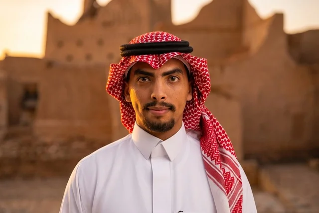 Saudi Man in Traditional Attire at Historic Mud Ruins