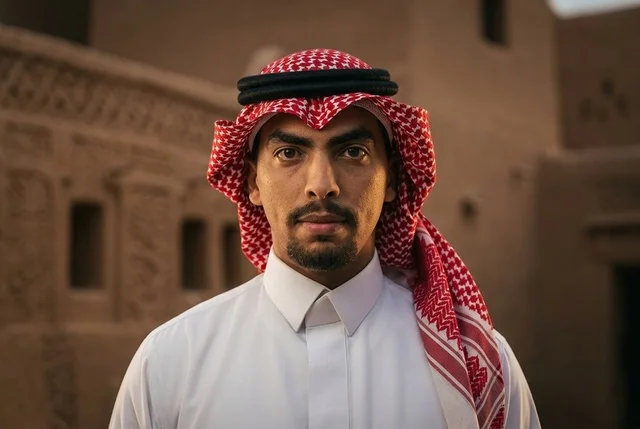 رجل سعودي بالزي التقليدي أمام مباني التراث الطينية
