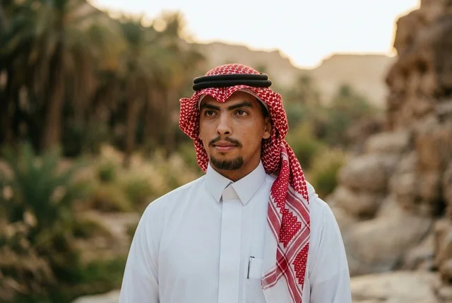 رجل سعودي بالثوب والغترة التقليدية في الطبيعة