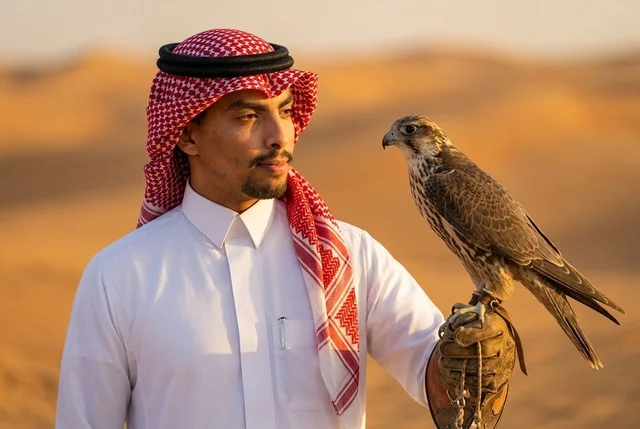 رجل سعودي بالزي التقليدي يحمل صقراً في الصحراء وقت الغروب