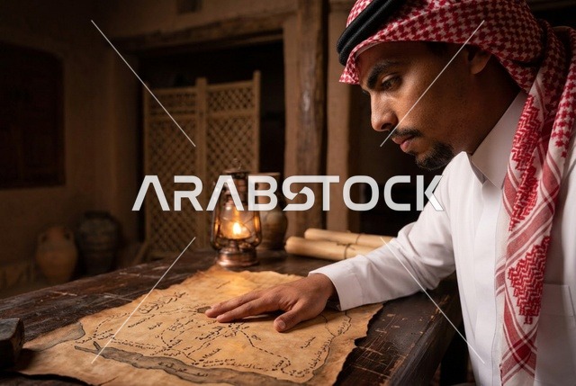 رجل سعودي يدرس خريطة قديمة تحت ضوء الفانوس الدافئ