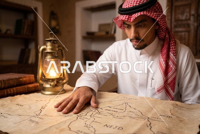 رجل سعودي يدرس خريطة الدرعية التاريخية بجانب الفانوس