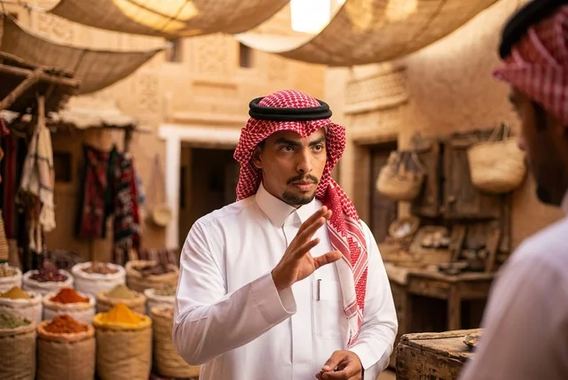 رجل سعودي بالزي التقليدي في سوق تاريخي قديم