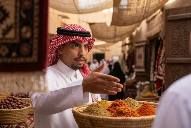 تاجر سعودي يبيع البهارات والتوابل في سوق شعبي