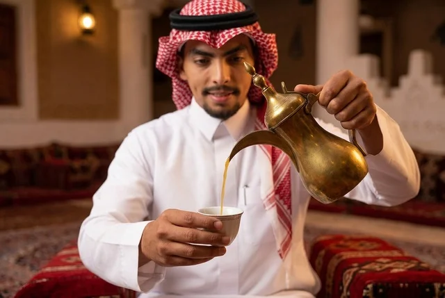 رجل سعودي يصب القهوة العربية من دلة ذهبية في المجلس