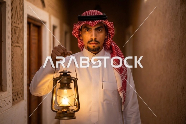 رجل سعودي يحمل فانوساً تراثياً في قرية طينية قديمة
