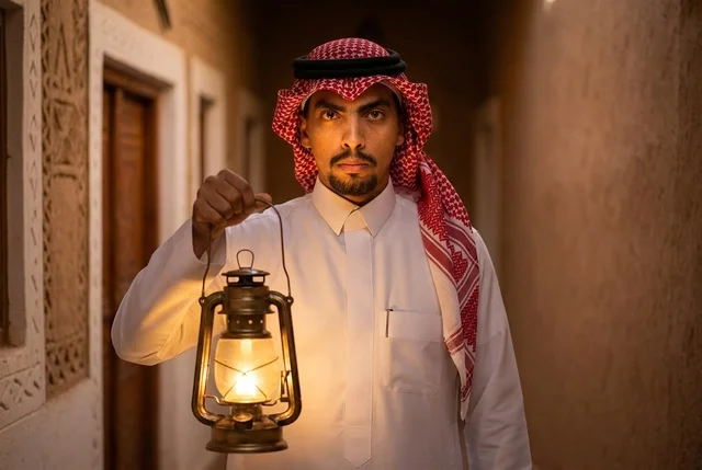 رجل سعودي يحمل فانوساً تراثياً في قرية طينية قديمة