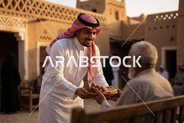 شاب سعودي يقدم التمر لرجل مسن في قرية طينية تراثية