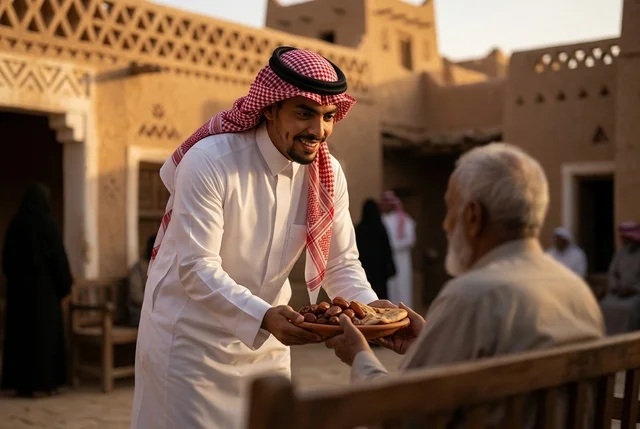 شاب سعودي يقدم التمر لرجل مسن في قرية طينية تراثية