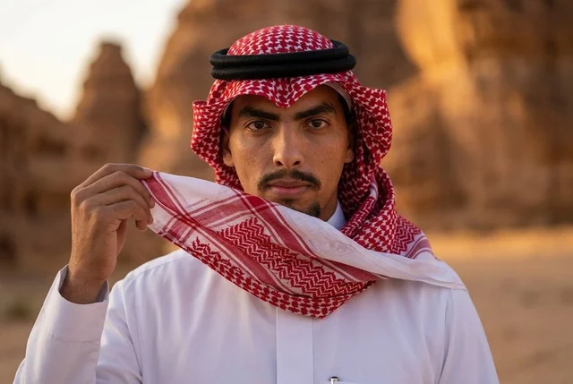 رجل سعودي بالشماغ التقليدي في الصحراء وقت الغروب