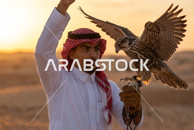 رجل سعودي مع صقر في الصحراء وقت الغروب الذهبي