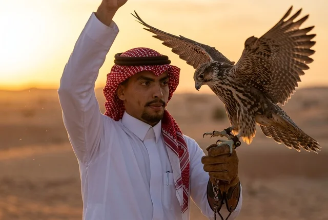رجل سعودي مع صقر في الصحراء وقت الغروب الذهبي