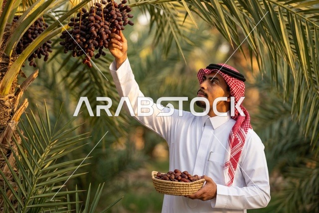 رجل سعودي يحصد التمور الطازجة من مزارع النخيل